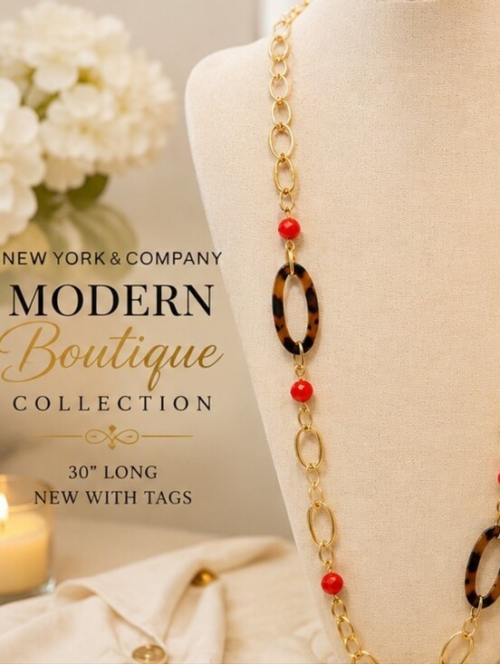 New York & Company Jewelry - New York & Company NWT Long Gold Tone Tortoiseshell Necklace Red Bead Statement